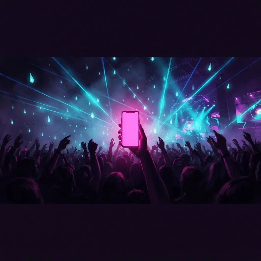 A phone glowing pink held up in a dark concert crowd